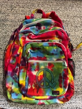 Kids Multicolor Tie-Dye Backpack with Rhinestone Peace Accent